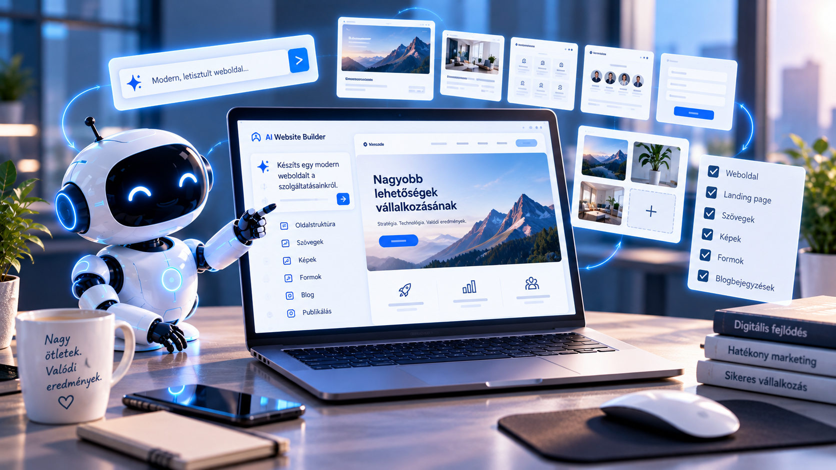 Ismerje meg, hogyan működik az AI-alapú weboldalkészítés, és hogyan készülhetnek mesterséges intelligencia segítségével weboldalak, landing page-ek és webes tartalmak gyorsabban.